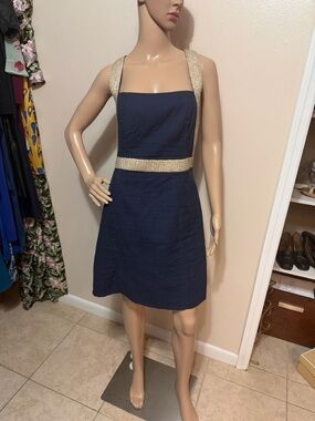 Lilly Pulitzer Eliana Shift Dress in True Navy w/Braided Gold Accents